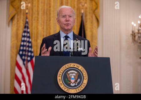 Washington DC, USA. 07th May, 2021. President Joe Biden speaks about the April jobs report in the East Room of the White House in Washington, D.C. on Friday, May 18, 2021. The U.S. economy brought back far fewer jobs than estimated in April and the unemployment rate unexpectedly increased. Credit: Sipa US/Alamy Live News