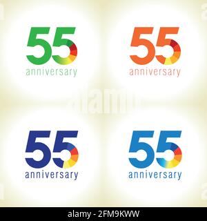 55 years old logotype. Coloured 55 th  anniversary set. Abstract isolated graphic design template. Celebrating creative greetings. congratulating numb Stock Vector