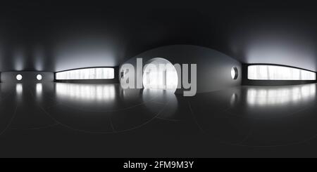 full 360 degree panorama view of empty dark living room building interior with big windows 3d render illustration hdri hdr vr style Stock Photo