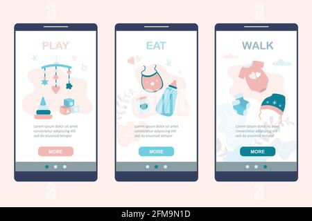 Baby care application pages template for mother. App on smartphone screen. Modern cellphone with toys,symbols and elements for newborn baby. Help and Stock Vector