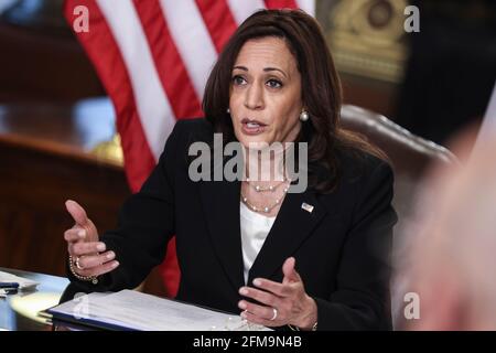 Washington DC, USA. 07th May, 2021. United States Vice President Kamala Harris speaks during a virtual bilateral meeting with Mexican President Andrés Manuel López Obrador, in the Vice President's Ceremonial Office in the Eisenhower Executive Office Building on the White House campus on May 7, 2021, in Washington, DC. Credit: MediaPunch Inc/Alamy Live News