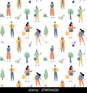 Seamless pattern with cool and fashion people. Various persons on white background. Texture with funny doodle male and female characters. Group of tin Stock Vector