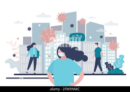 People in protective masks on a city street. Protection against virus infection. Health care concept. Global epidemic or pandemic. Male and female hum Stock Vector