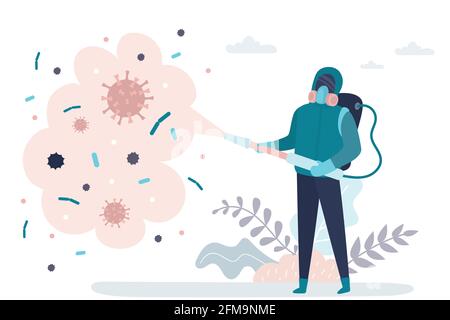 Man in a protective suit processes the territory from viruses and germs. Human stops spread of virus and disease. Staff in uniform. Health care concep Stock Vector