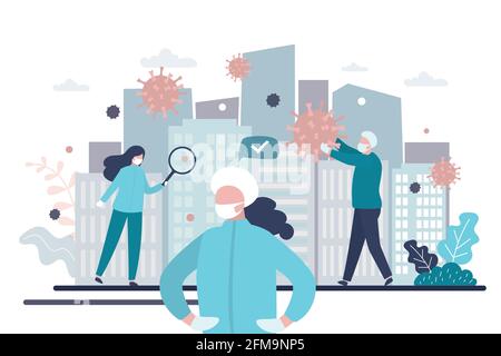 Doctors or medical staff stops spread of virus and disease. Virus research and vaccine development. Medical workers in uniform. Health care concept. G Stock Vector