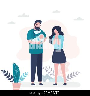 Handsome male doctor holds a newborn baby in hands, happy mother standing near. Accoucheur in uniform holding child. Motherhood and childhood concept. Stock Vector