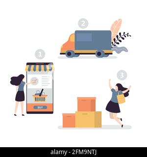 Stages of buying goods in online store. Female character order and buy products in mobile app. Truck delivers goods from online marketplace. Happy Wom Stock Vector