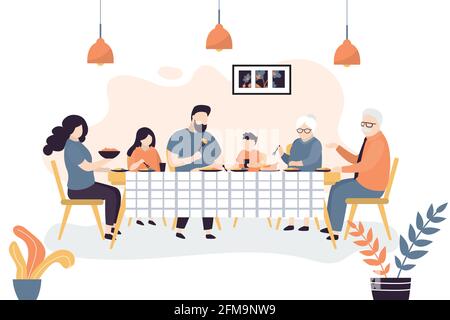 The huge family is sitting at the table. People eat together. Family portrait banner. Grandparents, parents and two children. Dining room ot kitchen i Stock Vector