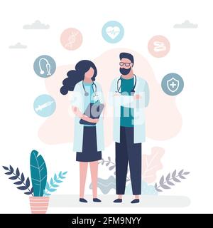 Man and woman doctors. Male doctor and female nurse. Medical workers and medicine icons or signs. Humans characters in trendy style. Flat vector illus Stock Vector