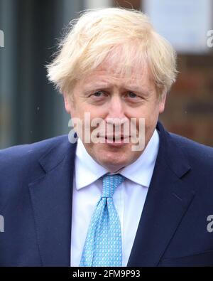 Hartlepool, UK. 7th May 2021. UK Prime Minister Boris Johnson during a visit to Hartlepool, County Durham after the Conservative party won the seat for the first time after a by lection Friday 7th May 2021. (Credit: Michael Driver | MI News) Credit: MI News & Sport /Alamy Live News Stock Photo