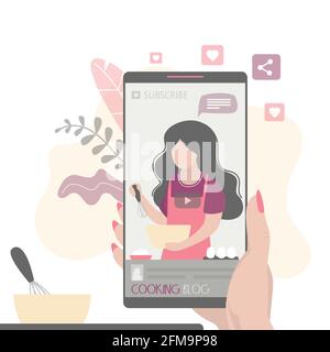 Hand holding modern smartphone. Female food blogger tells how to cook a dish. Video application on mobile phone. Online learning, cooking education. W Stock Vector