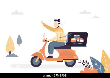 Funny delivery man ride motorbike. Courier dressed as samurai. Fast delivery concept background. Internet order of sushi. Traditional asian food. Hand Stock Vector