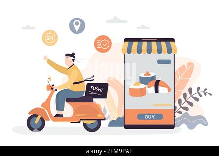 Funny delivery man ride motorbike. Courier dressed as samurai. Fast delivery concept background. Internet order of sushi. Traditional asian food. Smar Stock Vector