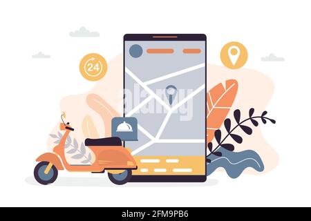 Delivery of goods from the online store, the definition of geo location using navigation. Big smartphone and motorbike. Trendy style vector illustrati Stock Vector