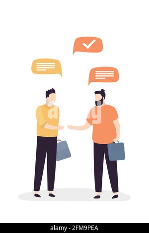 Two businessmen talking. Dialog between business people. Handsome male characters isolated on white background. Trendy vector illustration Stock Vector