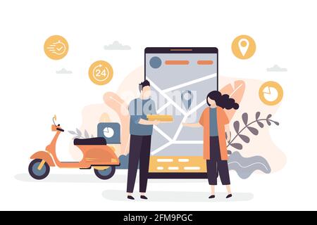 Delivery of goods from the online store, the definition of geo location using navigation. Courier biker delivers goods from online marketplace. Woman Stock Vector