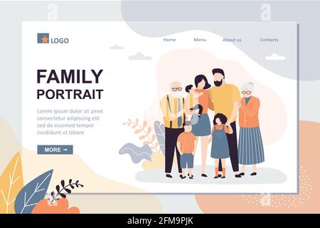 Family portrait landing page template. Happy parents with children. Grandparents, Mother,father and three kids. Cute huge family. Trendy style vector Stock Vector