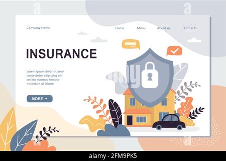 Insurance landing page template. House and transport are well protected, concept background. Home security protection web banner. Shield with lock. Tr Stock Vector