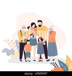 Family portrait. Happy parents with children. Grandparents, Mother,father and three kids. Cute huge family. Trendy style vector illustration Stock Vector