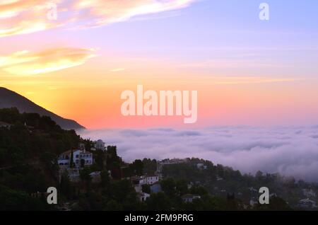 Sunrise over Covered with Clouds Mediterranean Sea in Southern Spain Stock Photo