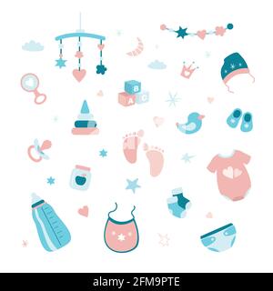 Set of elements and objects for a newborn baby. Collection of symbols and icons for infant. Doodle tools isolated on white background. Flat vector ill Stock Vector