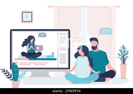 Happy love couple sitting in lotus yoga pose. Beauty pregnant woman and handsome man doing asana. Health care, athletic family in living room.Online y Stock Vector