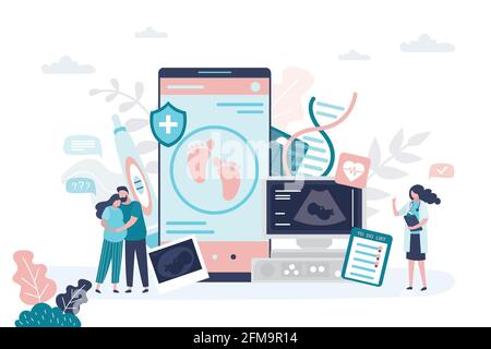 Pregnancy planning and monitoring application on smartphone screen. Medical signs and icons. Prenatal health care concept. Pregnancy woman with boyfri Stock Vector