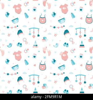 Seamless pattern with elements and objects for a newborn baby. Background decoration infant baby symbols and icons. Texture doodle banner for print. F Stock Vector