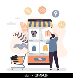 Technology of purchase in the online store. Smartphone with marketplace application on screen. Handsome man customer order and payment goods. Virtual Stock Vector