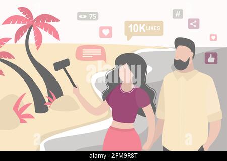 Love couple makes a video blog on the tropical coast. Travel vlog concept. Story for social networks and icons of likes, hearts, hashtags. Happy peopl Stock Vector