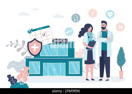 Man and woman doctors. Medical services concept. Female and male characters in uniform. Hospital or private clinic building on background. Flat vector Stock Vector