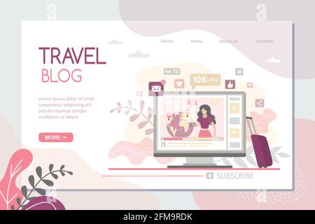Woman traveller makes a video blog on the tropical coast. Travel blog landing page template. Story for social media and icons of likes, hearts, hashta Stock Vector