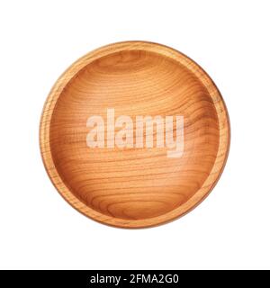 Close up of one small empty round shaped brown cherry wood rustic bowl isolated on white background Stock Photo
