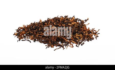 Close up pile of ready rubbed long coarse cut pipe tobacco blend, isolated on while background, high angle view Stock Photo