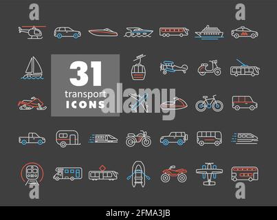 Transportation vector flat icon set on dark background. Graph symbol for travel and tourism web site and apps design, logo, app, UI Stock Vector