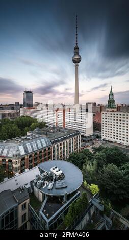 Fast moving clouds over the Berlin TV tower. Stock Photo