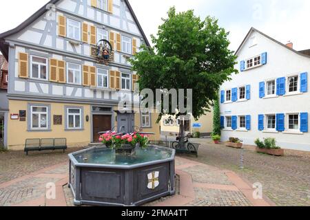 Entengässle, fountain, square, half-timbered, facade, romantic street, Bad Mergentheim, Baden-Wuerttemberg, Germany, Europe Stock Photo