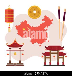 six china culture icons Stock Vector