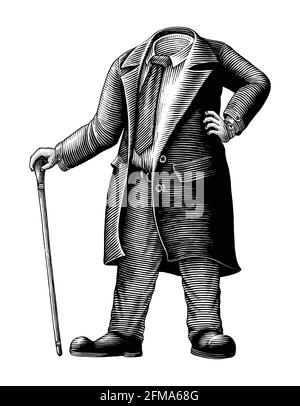 The men in a suit without a head hand draw vintage engraving style black and white clip art isolated on white background Stock Vector