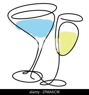 Vector set of hand drawn wine and martini glasses on white background. doodle. black oneline. Stock Vector