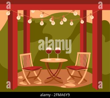 Two chairs and table in garden red green Stock Vector