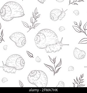Grape cochlea detailed monochrome sketch style pattern. Engraved mollusk with leaves illustration for wrapping paper, background, textile and fabric Stock Vector