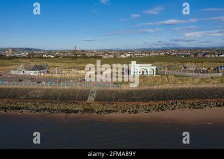 Aerial view of the rock armour protecting Montrose sea front Splash play area and art deco Trail Pavilion, Montrose, Angus, Scotland. Stock Photo