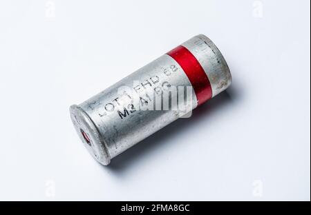 Gothenburg, Sweden - July 2019: Red signal cartridge for flare gun. Stock Photo