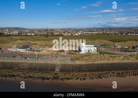 Aerial view of the rock armour protecting Montrose sea front Splash play area and art deco Trail Pavilion, Montrose, Angus, Scotland. Stock Photo