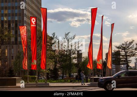 Moscow street decorated for the Victory Day celebrated on 9th May, shot on 7th May 2022 Stock Photo