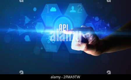 Hand touching digital button concept Stock Photo
