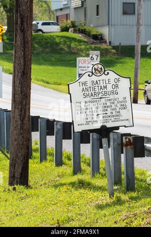 Boonsboro, MD - April 20, 2021: Sign for the Battle of Antietam or Sharpsburg on the side of the road. Stock Photo