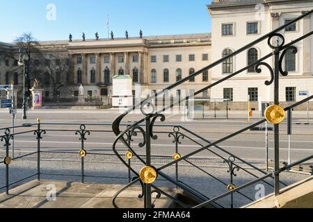 Berlin, Mitte, Humboldt University, main building, view through the railing of the State Opera, no people Stock Photo