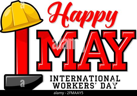 May Day greeting card for the International Workers Day. May 1 in the form of an inverted hammer with a working helmet on it. Illustration, vector Stock Vector